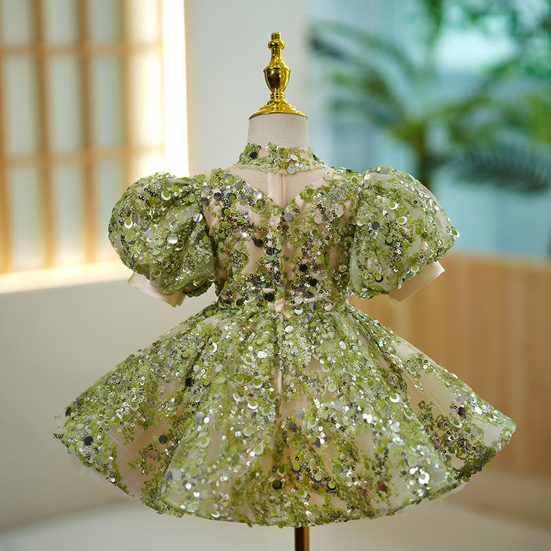 Sage Green Sequin Princess Flower Girl Dress - Puff Sleeves