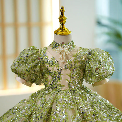 Sage Green Sequin Princess Flower Girl Dress - Puff Sleeves