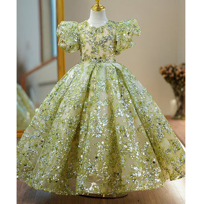 Sage Green Sequin Princess Flower Girl Dress V-Neck Puff