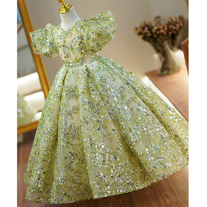 Sage Green Sequin Princess Flower Girl Dress V-Neck Puff
