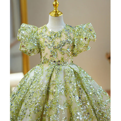 Sage Green Sequin Princess Flower Girl Dress V-Neck Puff