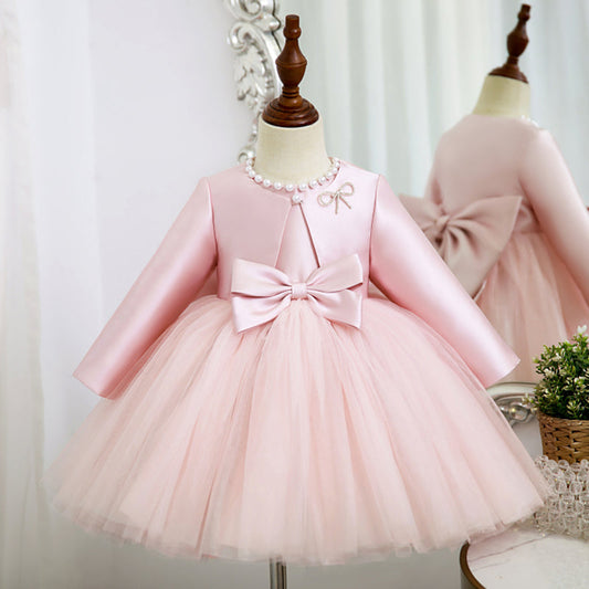 Satin & Tulle A-Line Flower Girl Dress with Beaded Bow