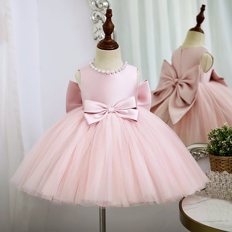 Satin & Tulle A-Line Flower Girl Dress with Beaded Bow