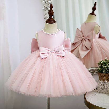 Satin & Tulle A-Line Flower Girl Dress with Beaded Bow