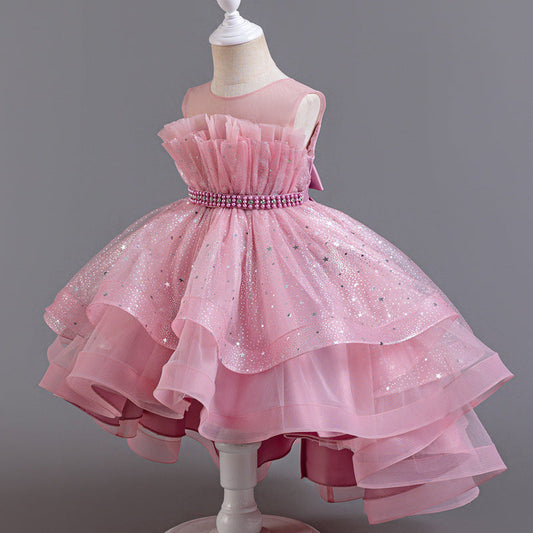 Satin & Tulle Flower Girl Dress with Ruffles & Beaded Accents