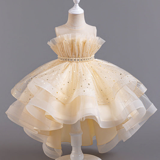 Satin & Tulle Flower Girl Dress with Ruffles & Beaded Accents