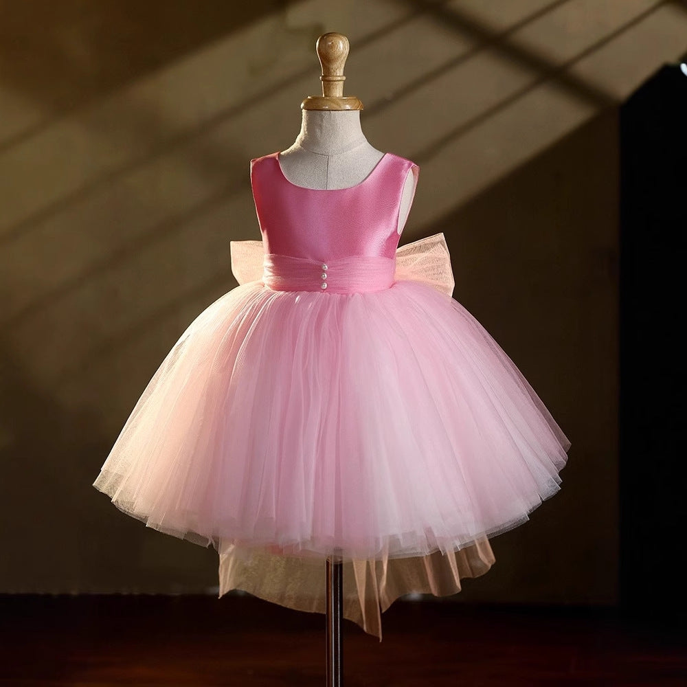 Satin & Tulle Sleeveless Short Dress Pink Princess Flower Girl Dress