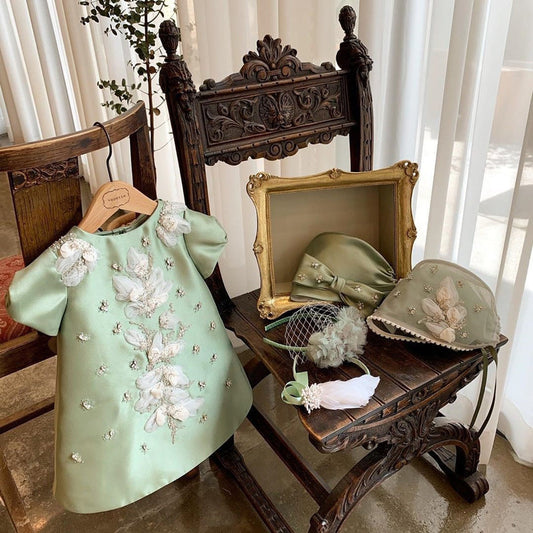 Satin A-Line Flower Girl Dress Flower Sequin Puff Sleeve Tea