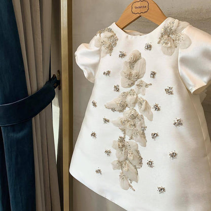 Satin A-Line Flower Girl Dress with Flowers & Sequins
