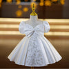 Satin A-Line Flower Girl Dress with Lace & Sequin Puff Sleeves
