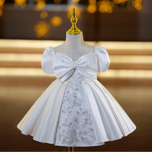 Satin A-Line Flower Girl Dress with Lace & Sequin Puff Sleeves