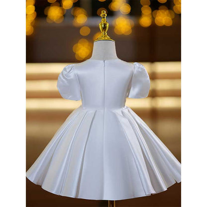 Satin A-Line Flower Girl Dress with Lace & Sequin Puff Sleeves