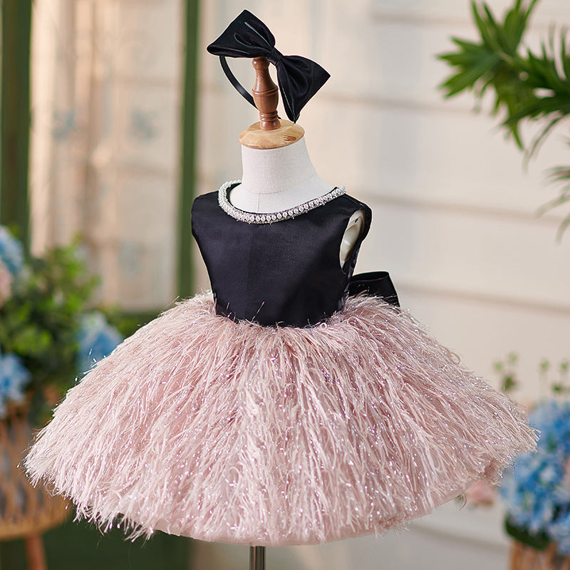 Satin Ball Gown Fringe Bow Party Dress for Girls – Special Occasion Knee-Length Dress