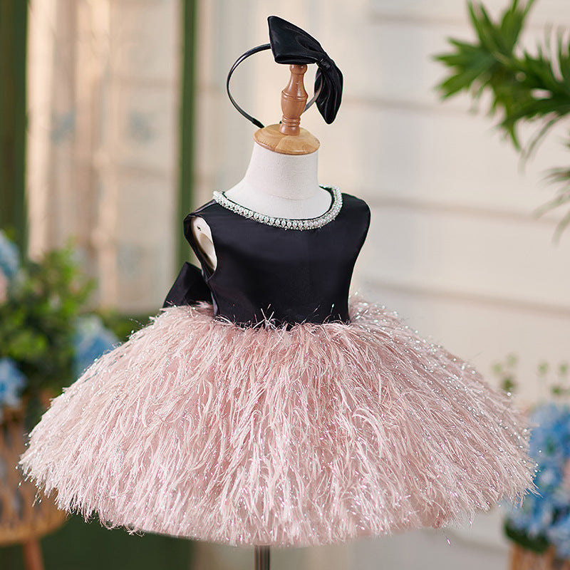 Satin Ball Gown Fringe Bow Party Dress for Girls – Special Occasion Knee-Length Dress