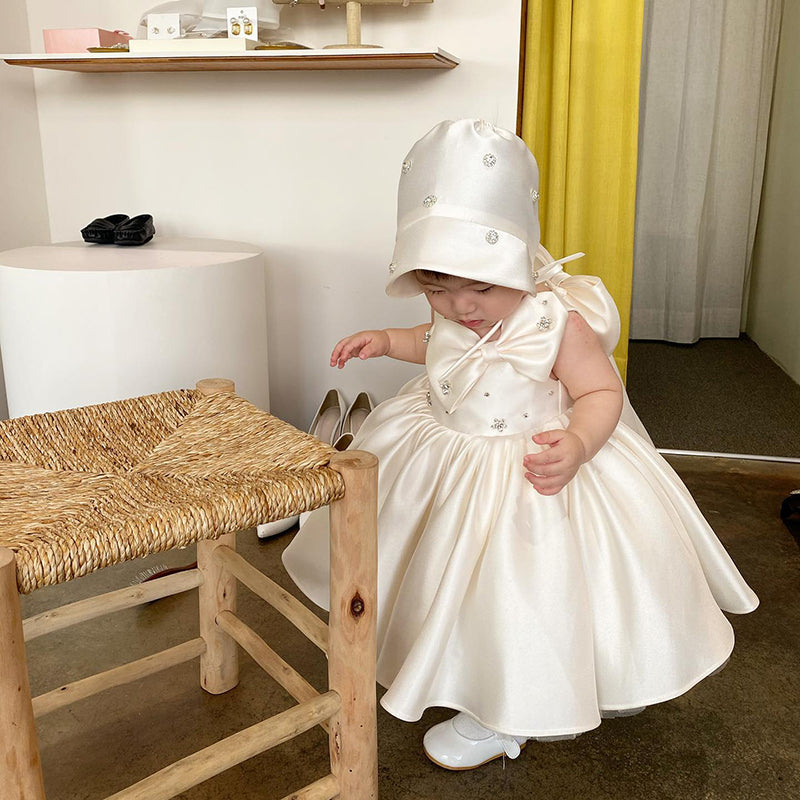 Elegant Satin Ball Gown Flower Girl Dress – Tea Length with Sequins & Bow