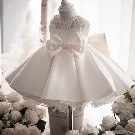 Satin Princess Flower Girl Dress – Bow Back & Ruffle Details
