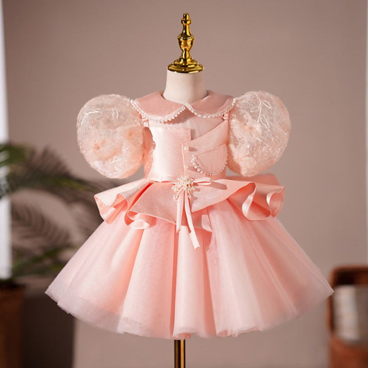 Satin Princess Flower Girl Dress Lace Beaded Collar Tea