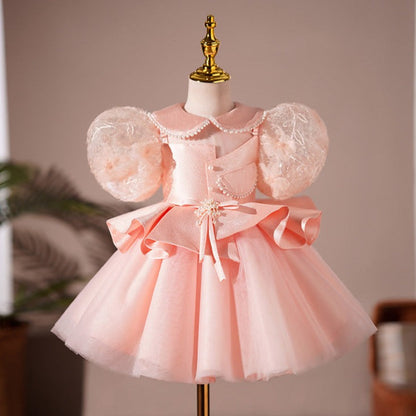 Satin Princess Flower Girl Dress Lace Beaded Collar Tea