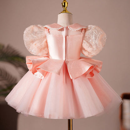 Satin Princess Flower Girl Dress Lace Beaded Collar Tea