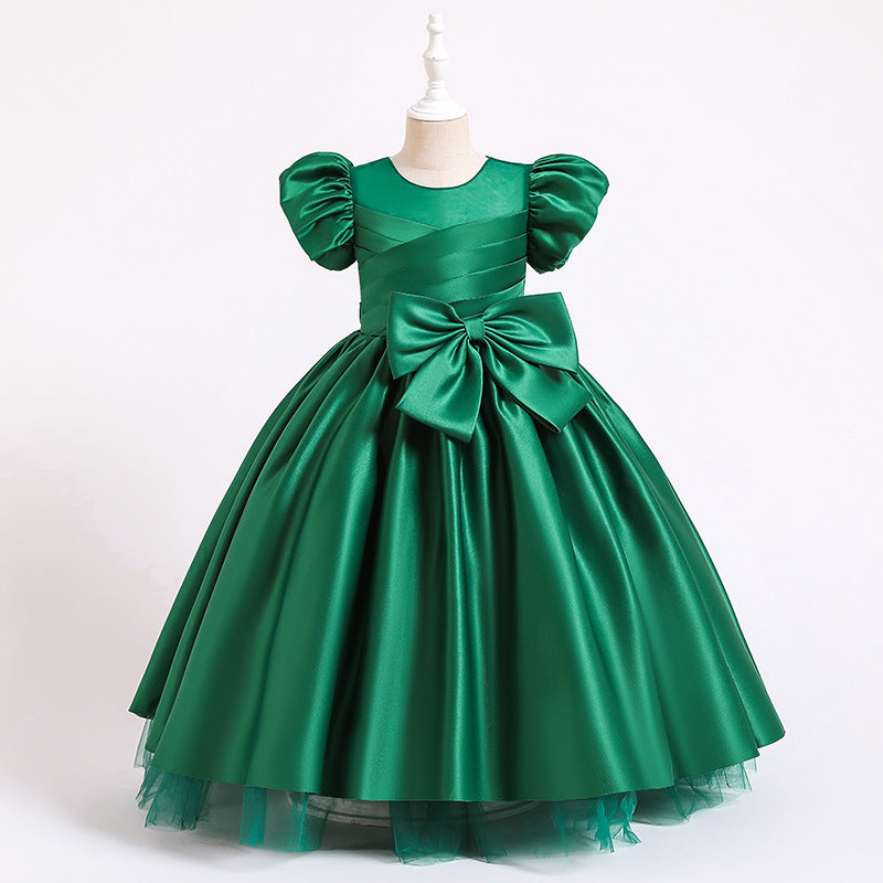 Satin Princess Flower Girl Dress: Puff Sleeves Floor Length