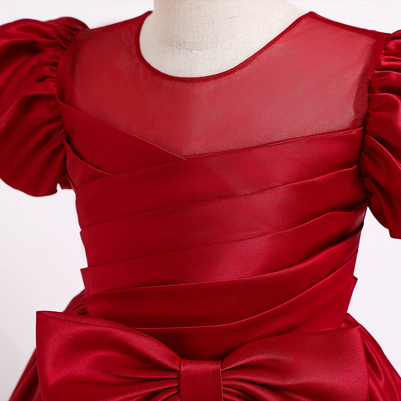Satin Princess Flower Girl Dress: Puff Sleeves Floor Length