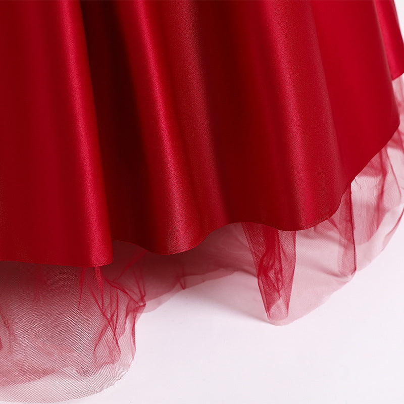 Satin Princess Flower Girl Dress: Puff Sleeves Floor Length