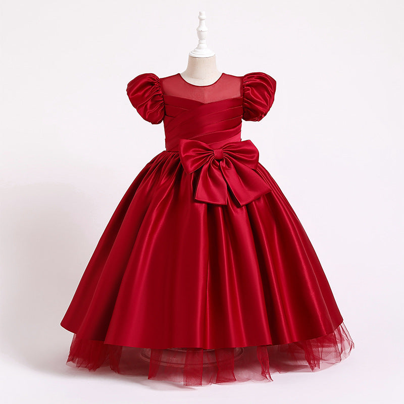 Satin Princess Flower Girl Dress: Puff Sleeves Floor Length