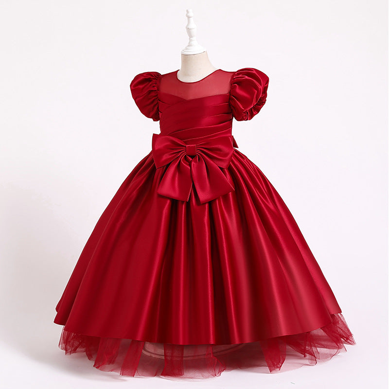 Satin Princess Flower Girl Dress: Puff Sleeves Floor Length