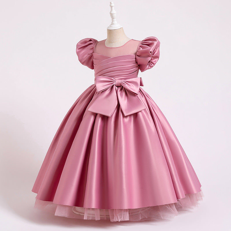 Satin Princess Flower Girl Dress: Puff Sleeves Floor Length