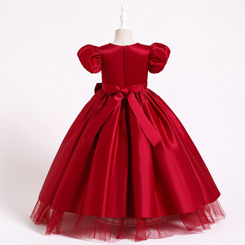Satin Princess Flower Girl Dress: Puff Sleeves Floor Length