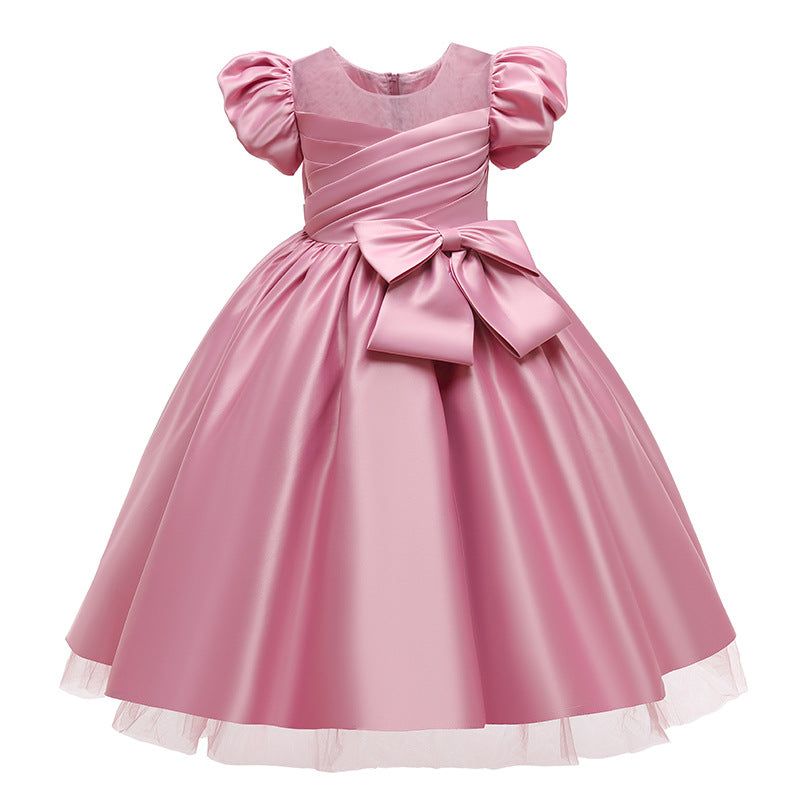 Satin Princess Flower Girl Dress: Puff Sleeves Floor Length