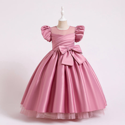 Satin Princess Flower Girl Dress: Puff Sleeves Floor Length