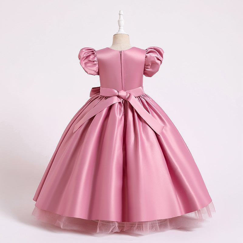 Satin Princess Flower Girl Dress: Puff Sleeves Floor Length