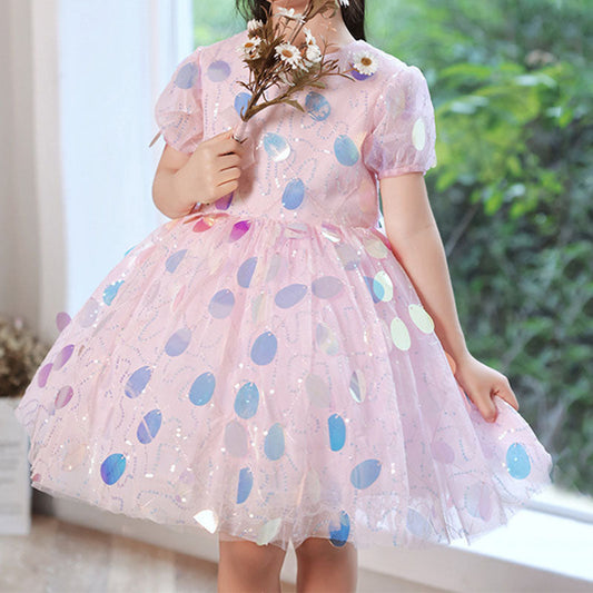 Sequin A-Line Flower Girl Dress Short Puff Sleeve Knee
