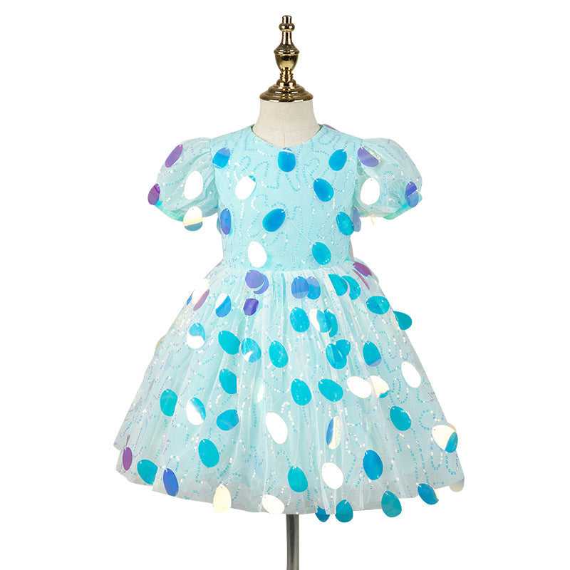 Sequin A-Line Flower Girl Dress Short Puff Sleeve Knee