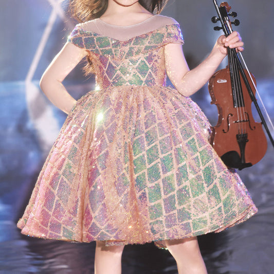 Girls' Sequin Ball Gown V-Neck Sleeveless Multicolor Party Dress Knee Length