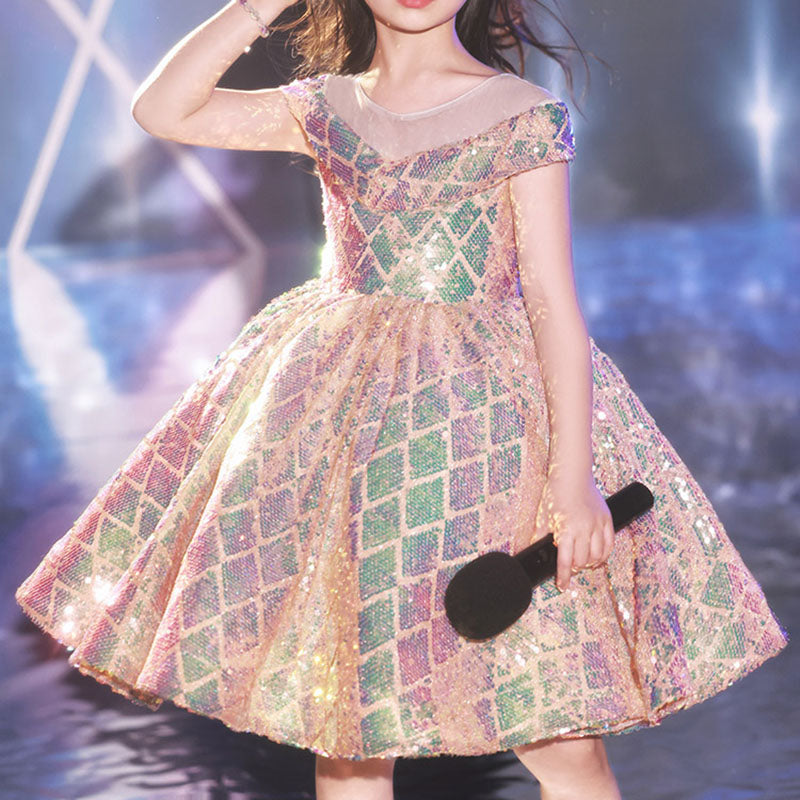 Girls' Sequin Ball Gown V-Neck Sleeveless Multicolor Party Dress Knee Length