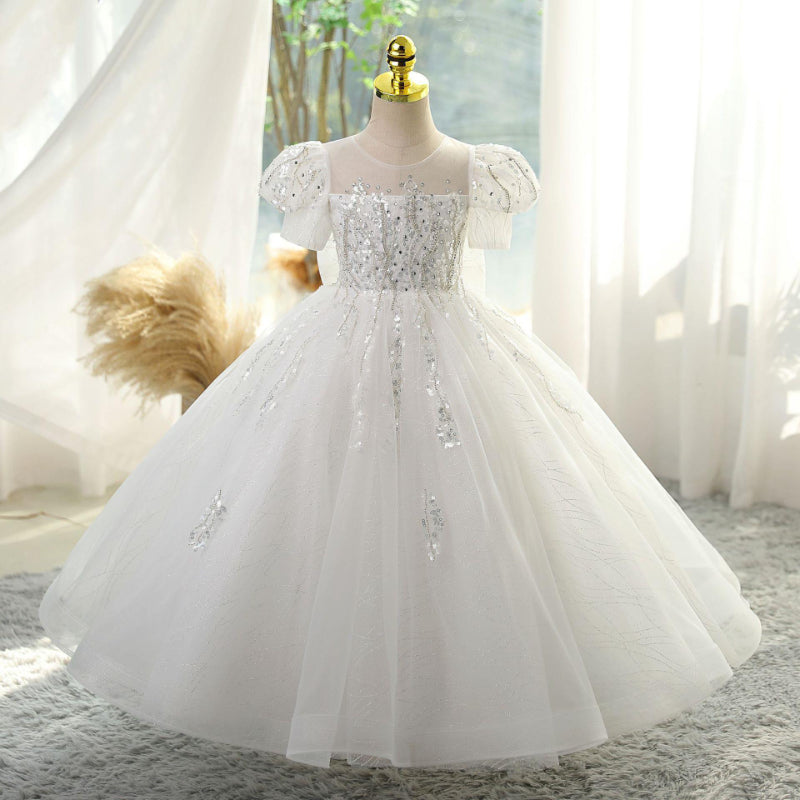 puffy princess dress Sequin Bow Puffy Princess Tulle Dress for Girls | White / 3-4 Years (110cm)