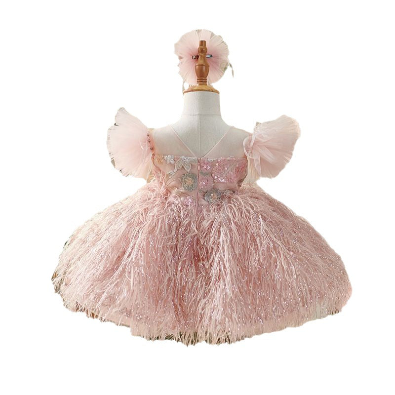 Pink Sequin Illusion Ball Gown Dress for Girls - Short Sleeve Party & Ceremony Dress