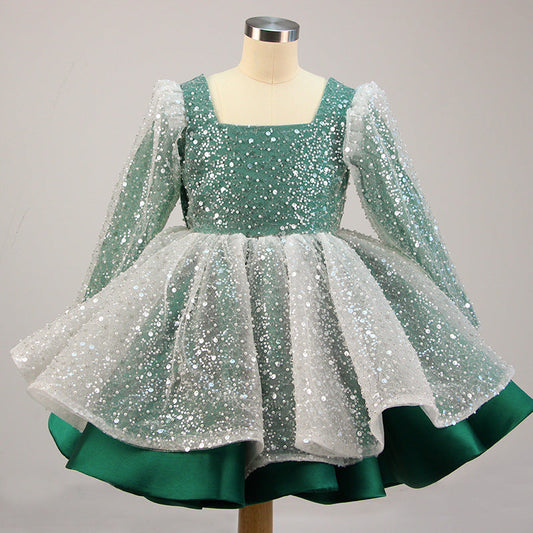 Sequin Princess Flower Girl Dress | Square Neck Lantern