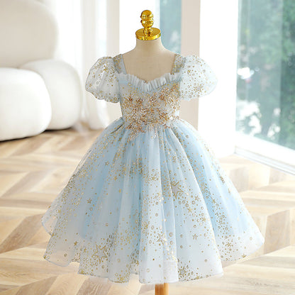 Sequin Princess Flower Girl Dress Lace Flower V-Neck Puff Tea