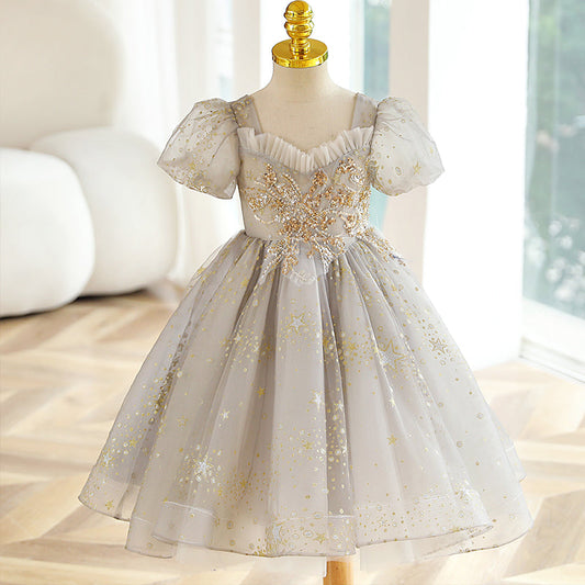 Sequin Princess Flower Girl Dress Lace Flower V-Neck Puff Tea
