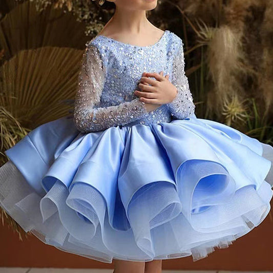 Sequin Princess Flower Girl Dress: Boat Neck Long Sleeve