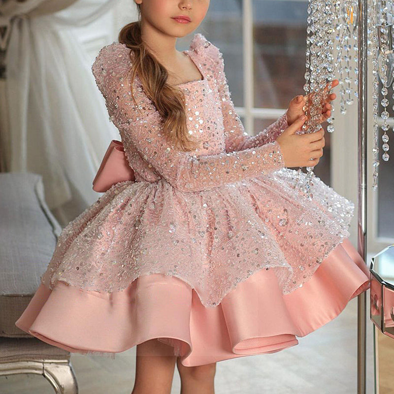 Sequin Princess Flower Girl Dress: Square Neck Long Sleeve