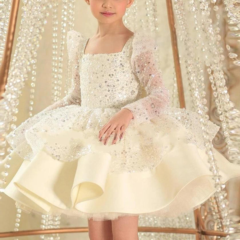 Sequin Princess Flower Girl Dress: Square Neck Long Sleeve