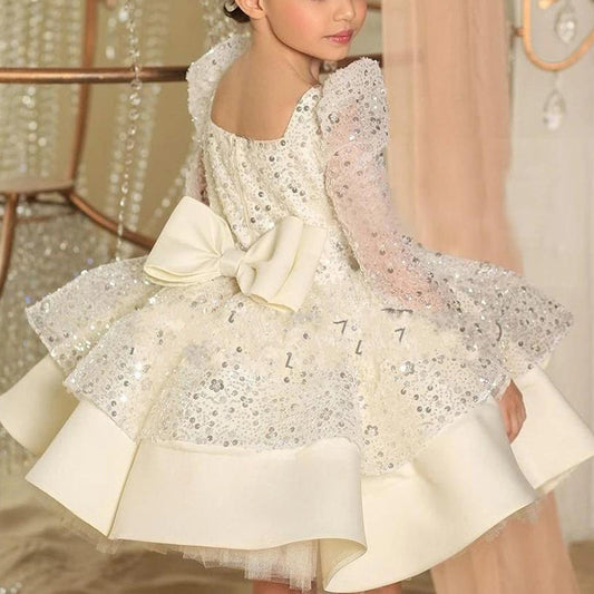 Sequin Princess Flower Girl Dress: Square Neck Long Sleeve