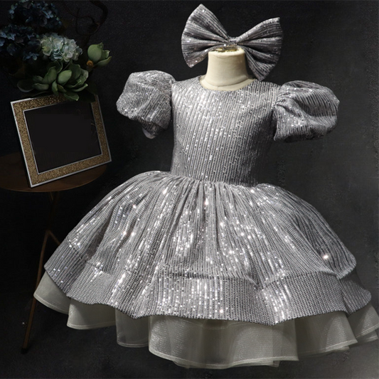 Sequin Tiered Ball Gown Dress for Girls - Short Sleeve, Stylish Party & Special Occasion Wear