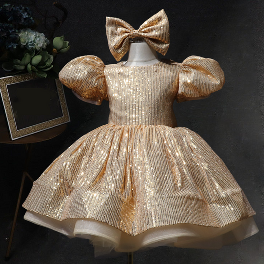 Sequin Tiered Ball Gown Dress for Girls - Short Sleeve, Stylish Party & Special Occasion Wear