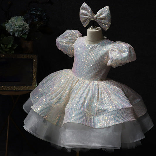 Sequin Tiered Ball Gown Dress for Girls - Short Sleeve, Stylish Party & Special Occasion Wear