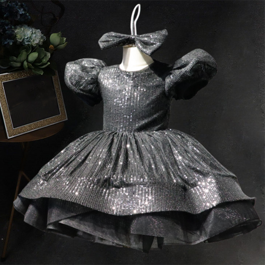 Sequin Tiered Ball Gown Dress for Girls - Short Sleeve, Stylish Party & Special Occasion Wear
